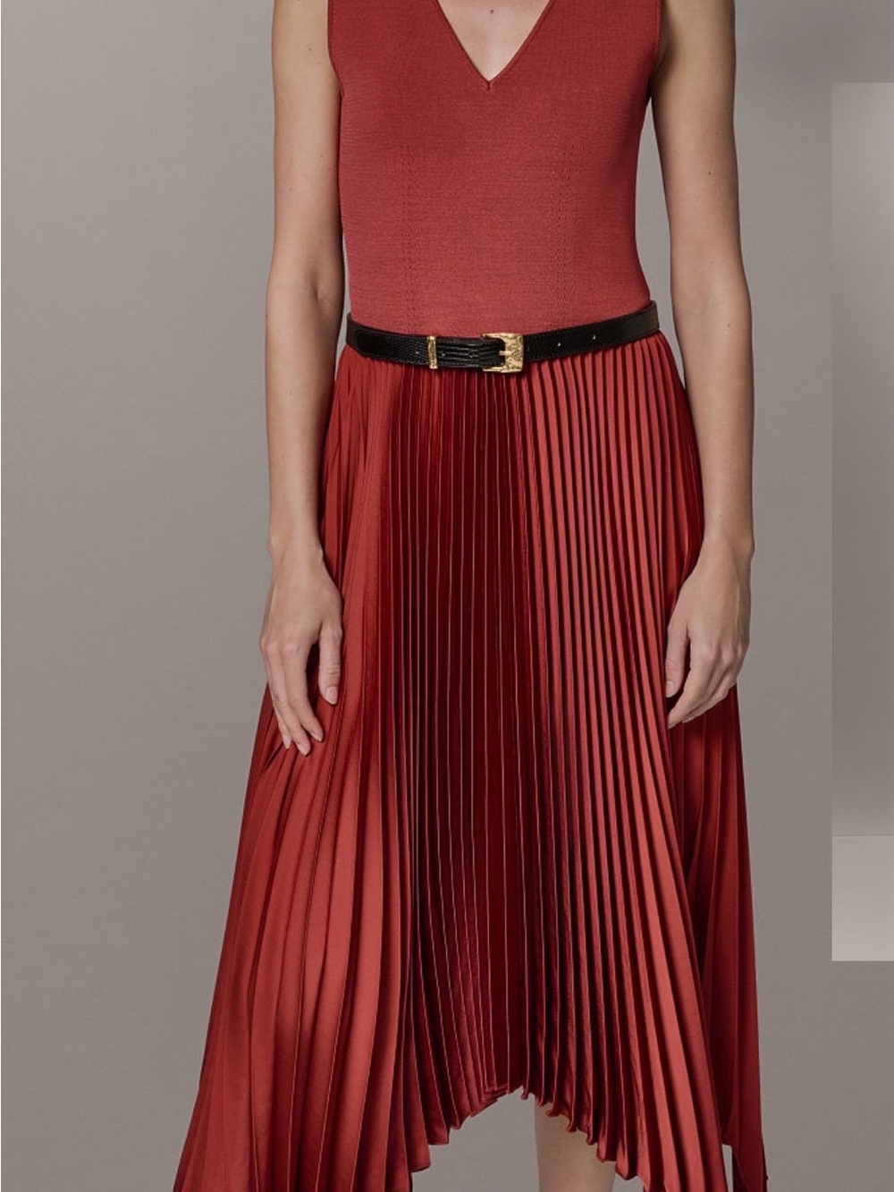Donna Karan Rust Red Asymmetrical Pleated Midi Skirt